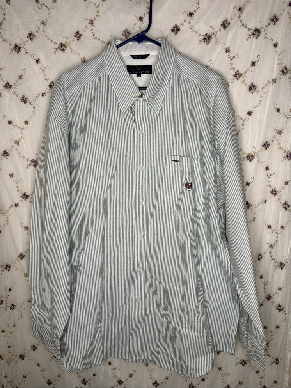 Men's Long-Sleeve Light Green & White Striped Dress Shirt - Button-Down
